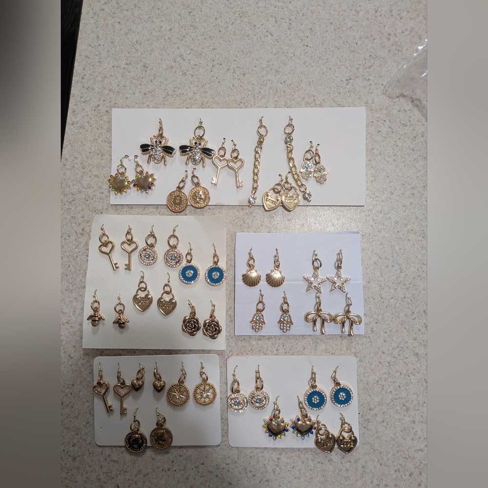 Gold Tone Upcycled Jewelry Earrings Sets Charms Dangle Pierced 2 Sets For $10
